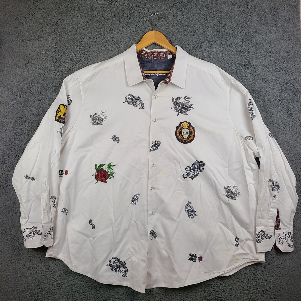 Robert Graham Mens 4XL White Button Down Shirt Skull Crest Lion Rose READ